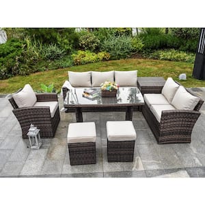 Cannes Variegated Brown 7-Piece Wicker Outdoor Sectional Set with Beige Cushions