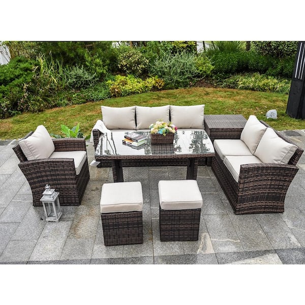 DIRECT WICKER Cannes Variegated Brown 7-Piece Wicker Outdoor Sectional Set with Beige Cushions