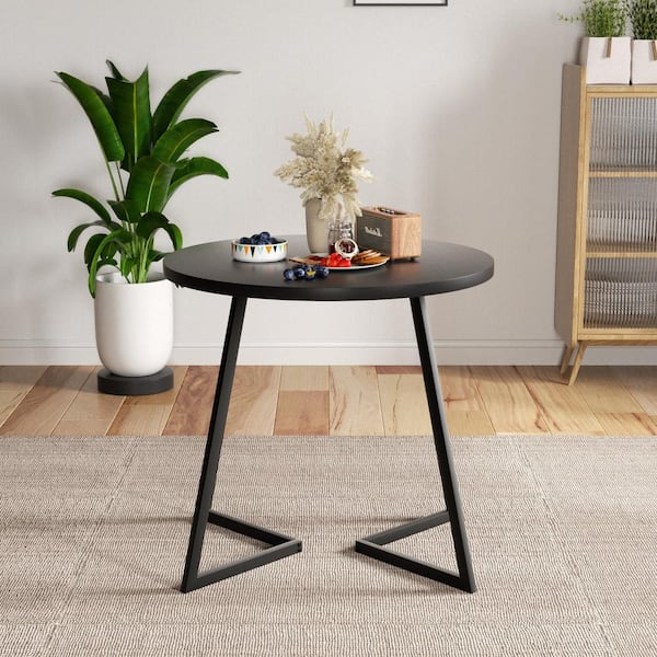 VECELO Round Dining Table with Wood Grain Top and Steel Frame, 4 Legs Black Kithcen Table for Dining Room or Office, for 2 to 4
