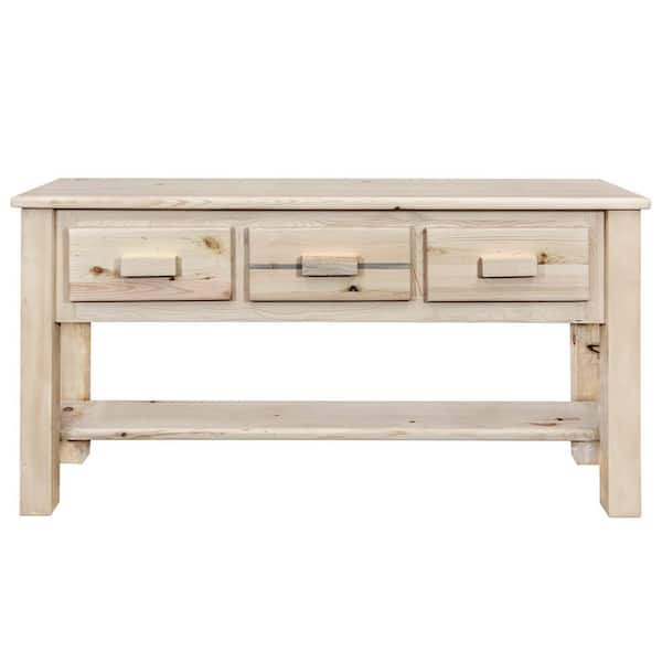 MONTANA WOODWORKS Homestead Collection 58 in. Unfinished Pine Rectangle Wood Console Table with 3-Drawers, Ready to Finish