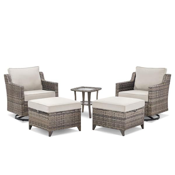 5-Piece Wicker Patio Conversation Set Outdoor Swivel Chairs, with Swivel Chairs, Footstool, Table and Beige Cushions