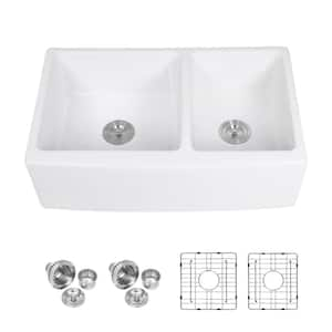 33 x 21 in. Farmhouse Apron-Front Kitchen Sink Double Bowl 60/40 White Ceramic Sink with Accessories