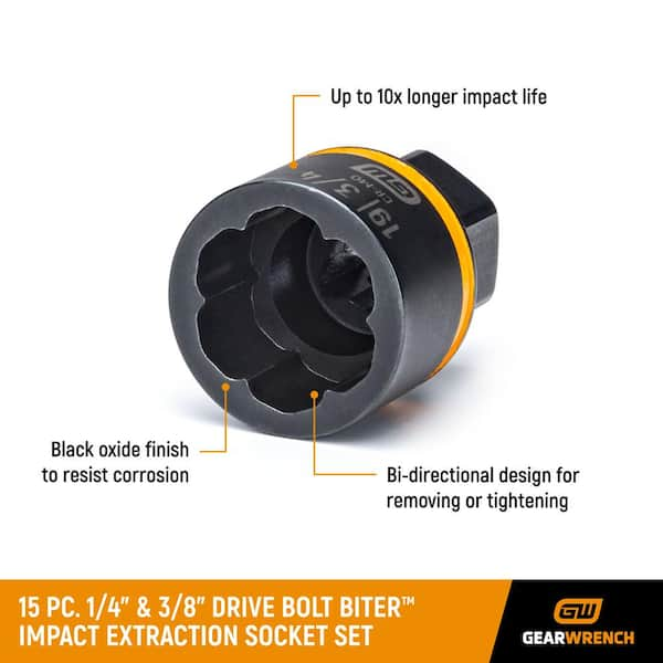 Bolt Biter 1/4 in. and 3/8 in. Drive SAE/Metric Impact Extraction Socket Set (15-Piece)