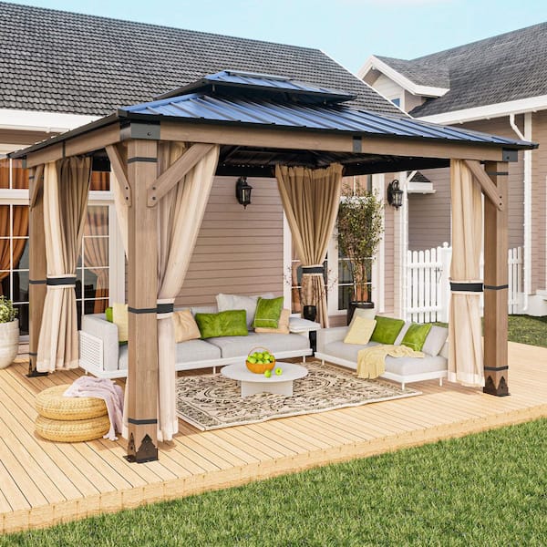 Cedarfort 10 ft. x 12 ft. Outdoor Cedar Wood Frame Hardtop Gazebo with Galvanized Steel Roof, Netting and Curtains