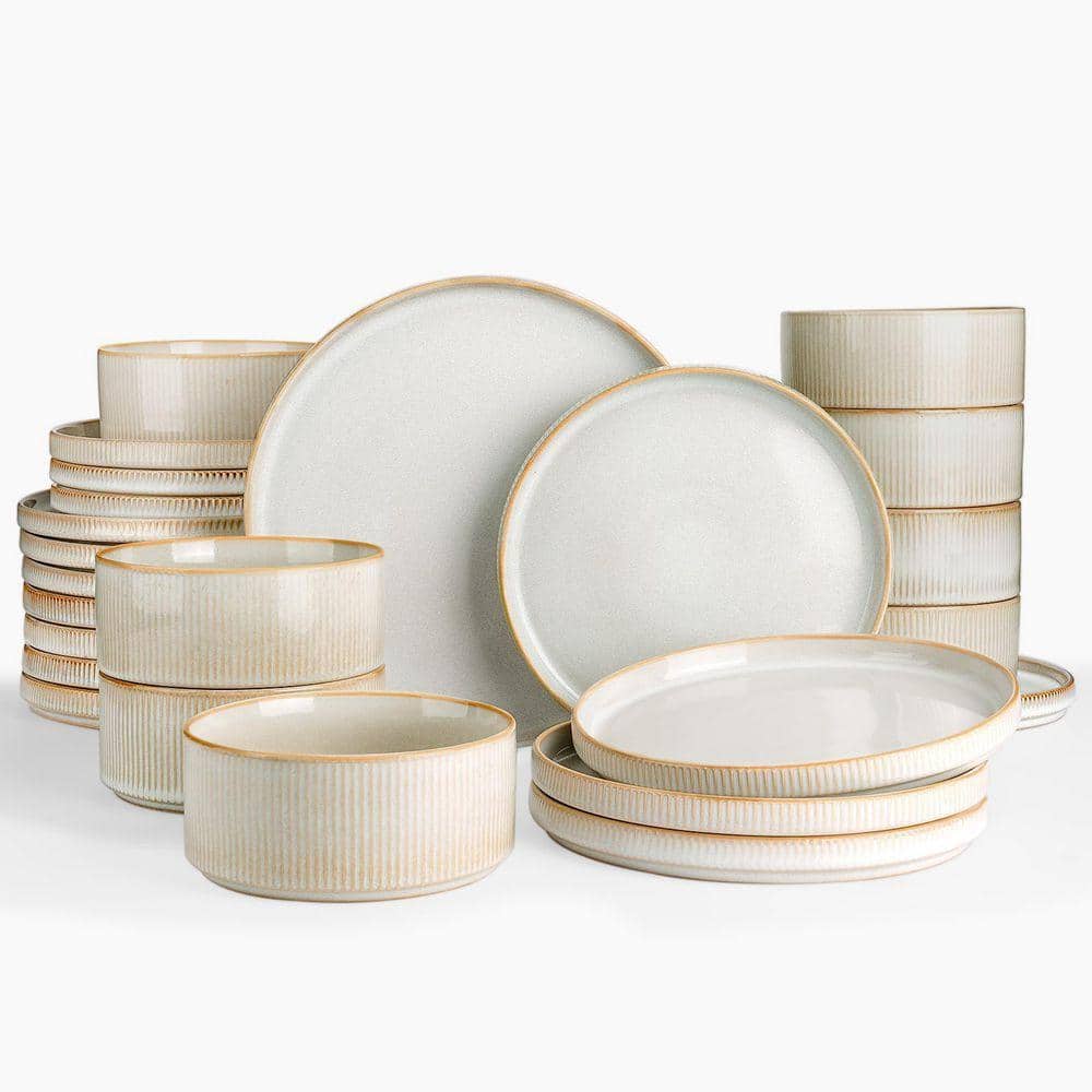 24Pcs Stoneware Dinnerware Set, Cappuccino White, Kitchen Dish Set