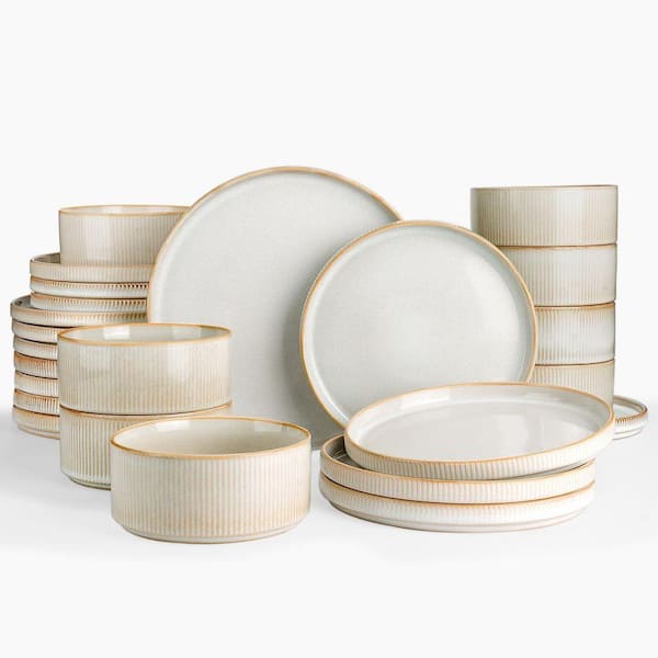 24Pcs Stoneware Dinnerware Set, Cappuccino White, Kitchen Dish Set