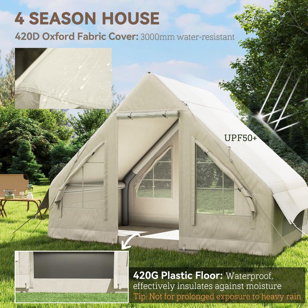 White Inflatable 3-Person Cabin Tent with Mesh Windows and Doors