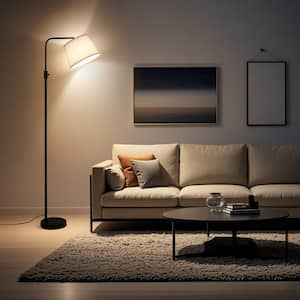 69 in. Black Modern 1-Light Arc Lantern Floor Lamp for Living Room Bedroom with Adjustable White Fabric Drum Shade