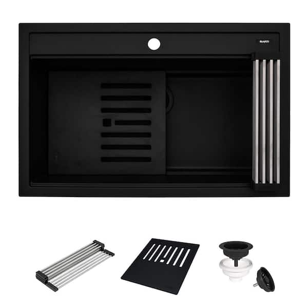 EpiCube 31 in. Drop-in Black Single Bowl Granite Quartz Composite Kitchen Sink with Accessories