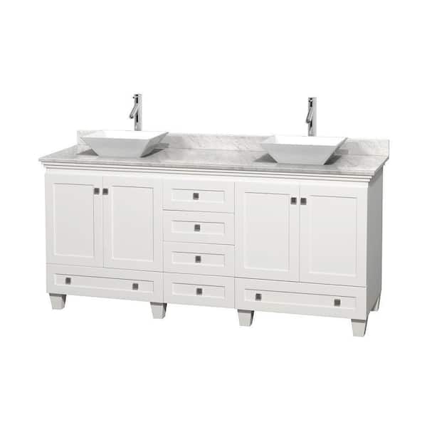 Wyndham Collection Acclaim 72 in. W Double Vanity in White with Marble Vanity Top in Carrara White and White Sinks