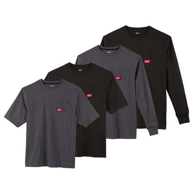 Men's Small Black and Gray Heavy-Duty Cotton/Polyester Long-Sleeve and Short-Sleeve Pocket T-Shirt (4-Pack)