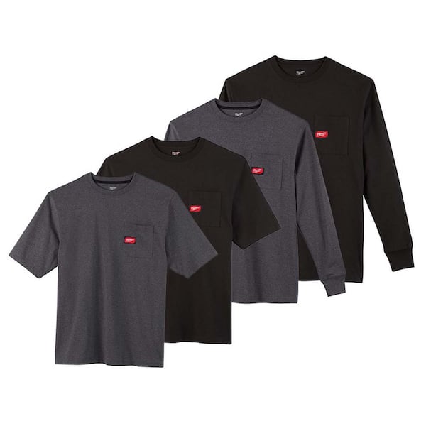Milwaukee Men's Small Black and Gray Heavy-Duty Cotton/Polyester Long-Sleeve and Short-Sleeve Pocket T-Shirt (4-Pack)