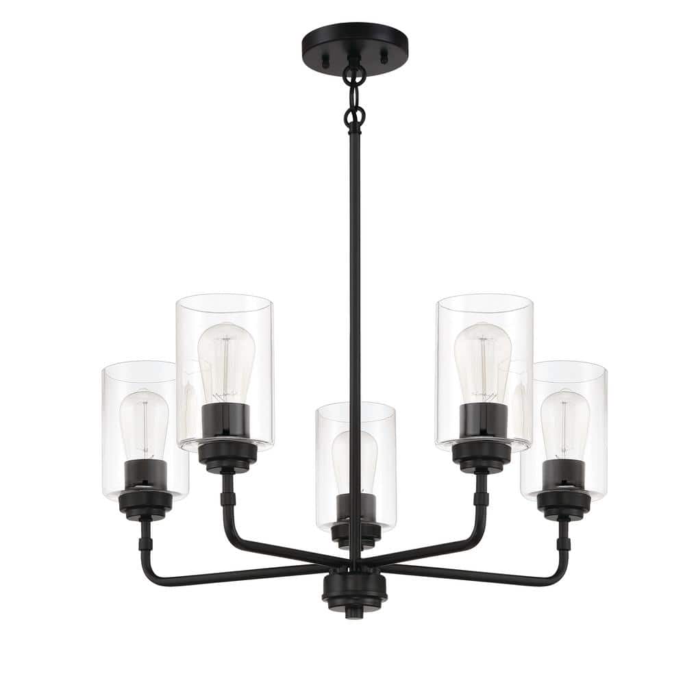 Stowe Flat Black 5-Light Cylinder Chandelier with Clear Glass