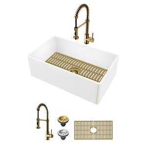 Matte Stone White Composite 30 in. Single Bowl Flat Farmhouse Kitchen Sink with Faucet, Strainer and Grid in Matte Gold