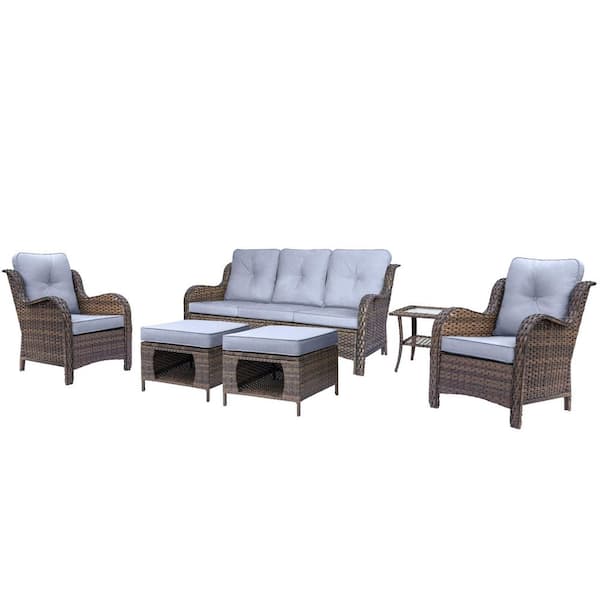 Brown 6-Piece Wicker Outdoor Furniture Patio Conversation Set Armrchairs Sofa and Ottomans with Gray Cushions