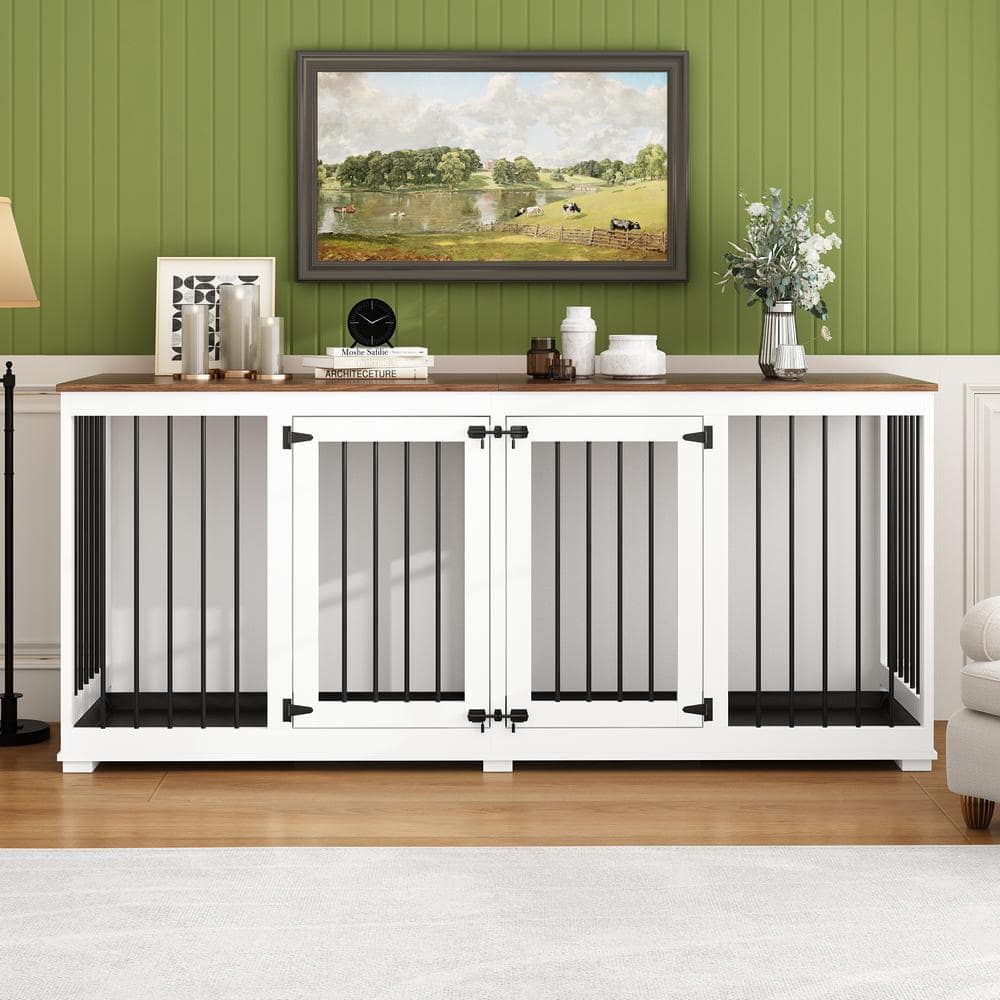 White and Brown Large Wooden Double Dog Crate Furniture