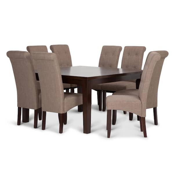 Simpli Home Cosmopolitan 9-Piece Dining Set with 8 Upholstered Dining Chairs in Light Mocha Linen Look Fabric and 54 in. Wide Table
