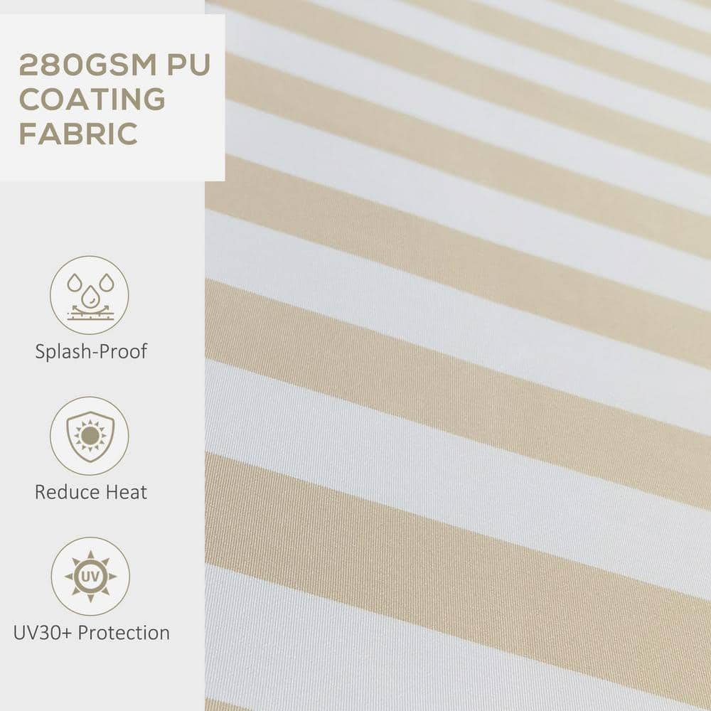 Beige and White Striped Polyester Retractable Patio Awning with Manual Crank