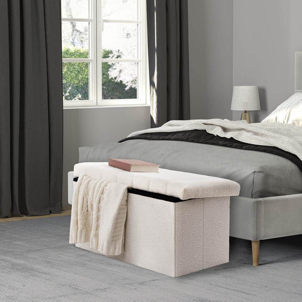 30" White Boucle Upholstered Storage Ottoman Bench