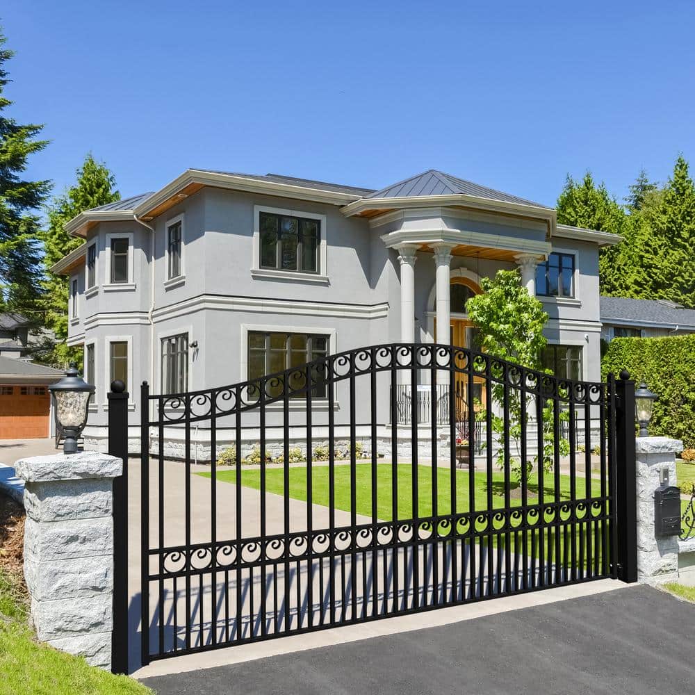 Black Steel Arched Driveway Gate with Ornamental Design
