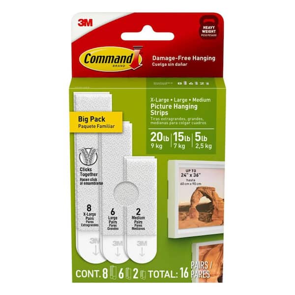 Picture Hanging Strips Variety Pack, White, Damage Free Decorating, 16 Pairs