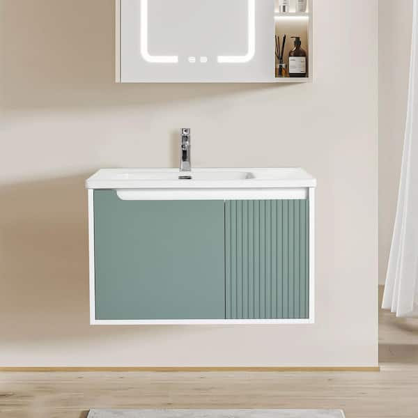 31.69 in. Wall-Mounted Mint Green Bath Vanity with White Ceramic Sink Top Unassembled
