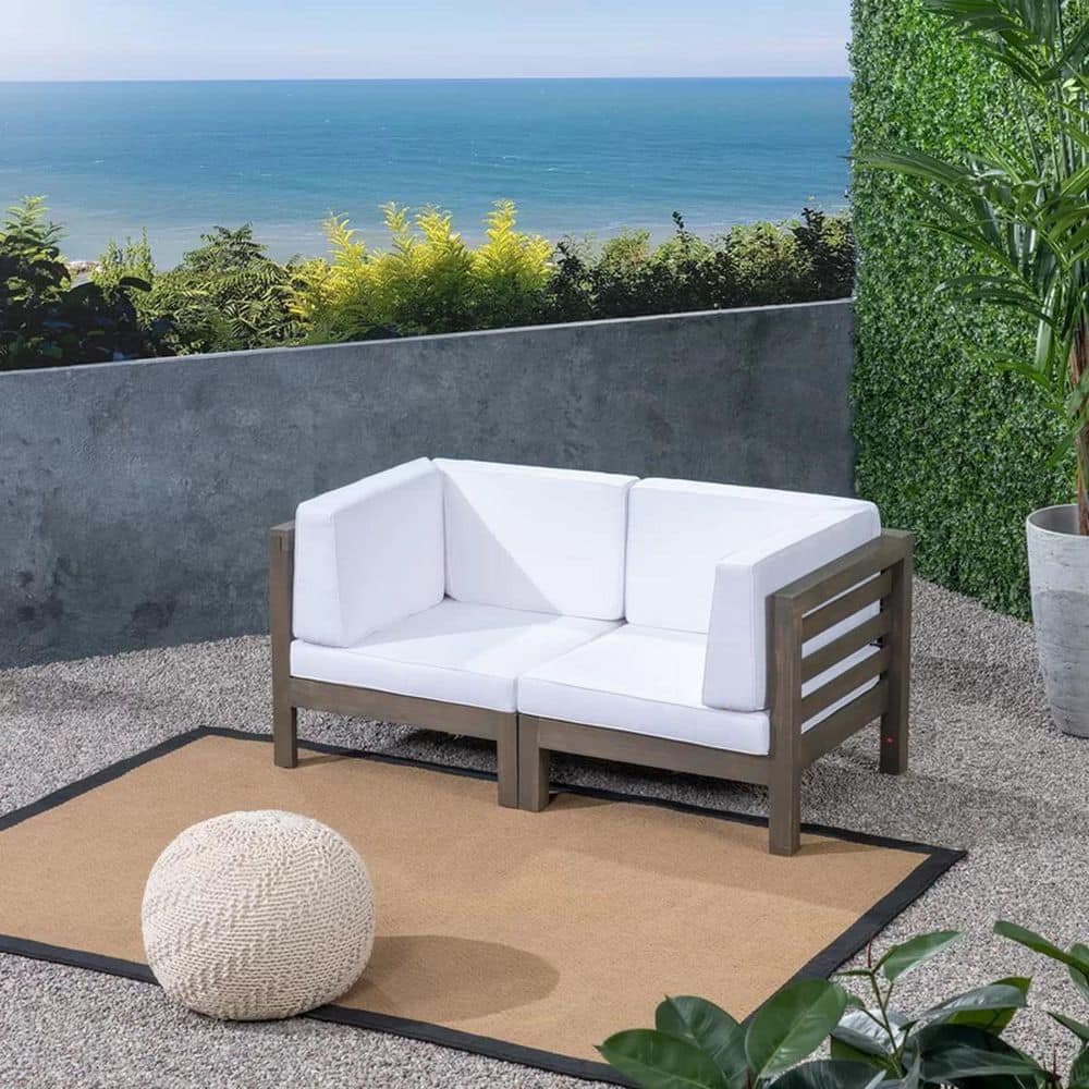 White 2-Piece Acacia Wood Outdoor Loveseat with Water-Resistant Cushions Durable Construction
