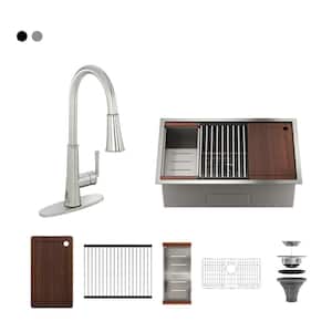 Stainless Steel Sink 32 in. Single Bowl Undermount Workstation Kitchen Sink with Brushed Nickel Faucet and Accessories