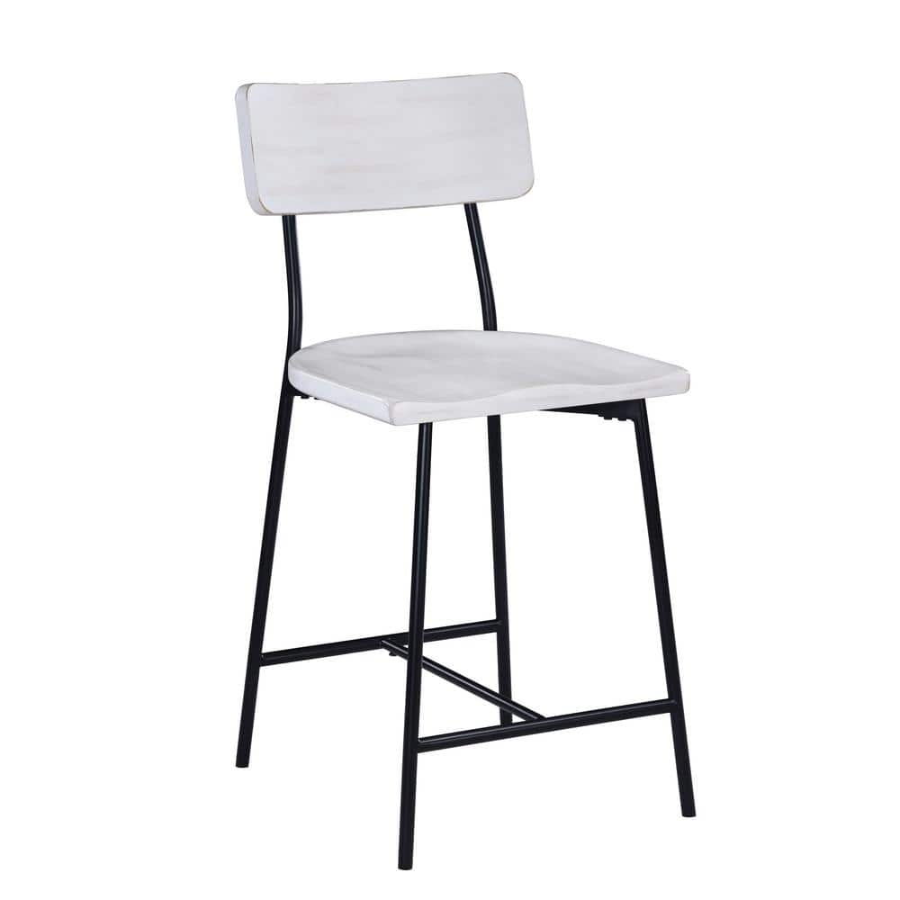 Bari 24.25 in. White Slat Back Black Metal Frame Counter Stool with Solid W