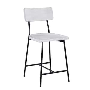 Bari 24.25 in. White Slat Back Black Metal Frame Counter Stool with Solid Wood Scooped Seat