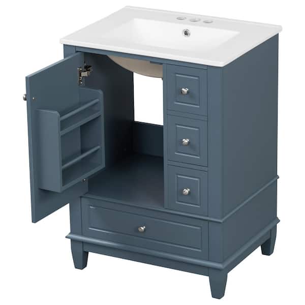 24 in. Freestanding Blue Gray Bath Vanity with White Ceramic Top, Storage Shelves and Solid Wood Base