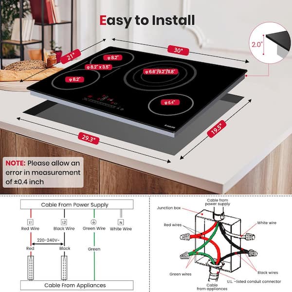 30 in. Radiant Electric Cooktop Ceramic Glass 5-Elements in Black with Tri-Ring and Bridge Element