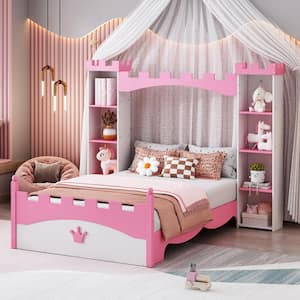 White and Pink Wood Frame Twin Size Castle-Shaped Platform Bed with Storage Shelves, Crown Pattern