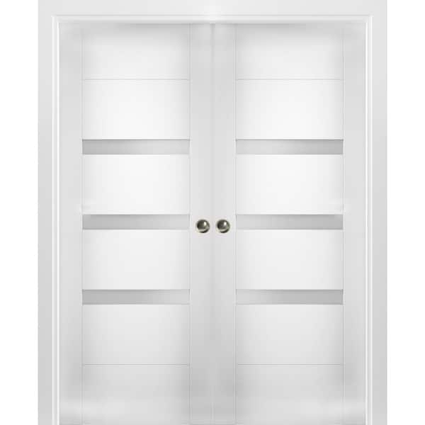VDOMDOORS 56 in. x 80 in. Single Panel White Solid MDF Double Sliding Doors with Double Pocket Hardware