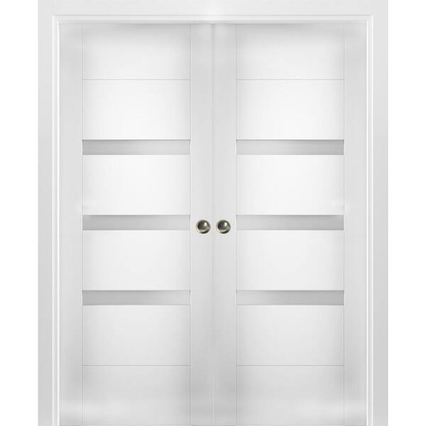 VDOMDOORS 48 in. x 96 in. Single Panel White Solid MDF Double Sliding Doors with Double Pocket Hardware