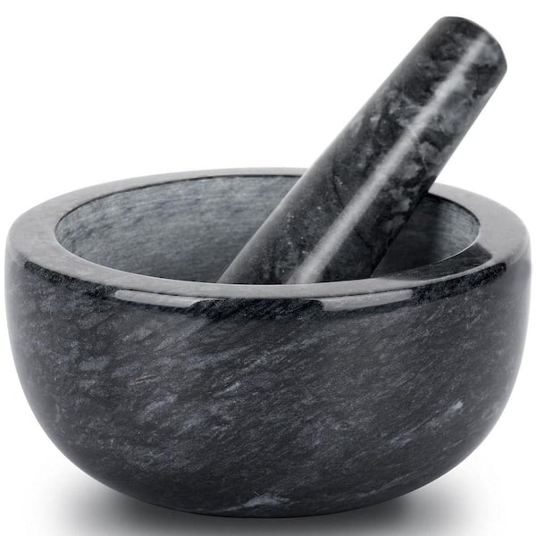 Marble Mortar and Pestle Set Black Large Solid Stone Grinder for Herbs Spices Pill Crusher 5.5 Inch