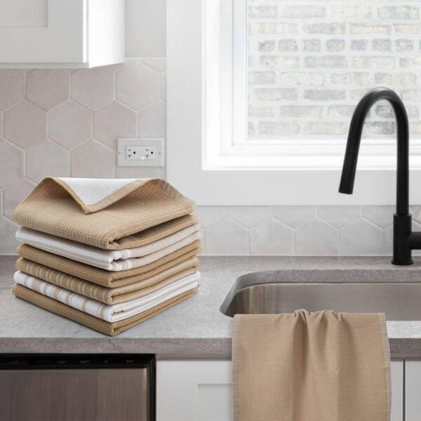 6-Piece Kitchen Towel Set – 100% Cotton Absorbent Dish & Tea Towels 16x26", Striped & Waffle Weave, Machine Washable