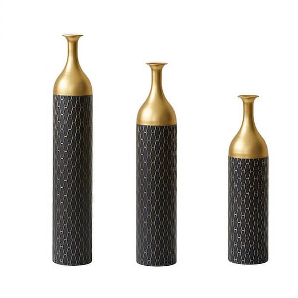 Set of 3 Cylindrical Gold and Black modern style White large Metal Vases, 34.25/30.31/24. 8 in. Tall Floor Vases