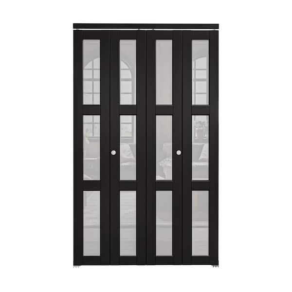 48 in. x 80 in. 3-Lite Frosted Glass Solid Core MDF Black Finished Glass Closet Bi-Fold Door with Hardware For Closet