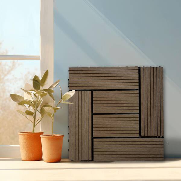 WRIGHTMASTER 0.98 ft. x 0.98 ft. Wood and Plastic Composite Interlocking Deck Tile in Walnut Taupe 6-Stripes (19 sq. ft. Per Box)