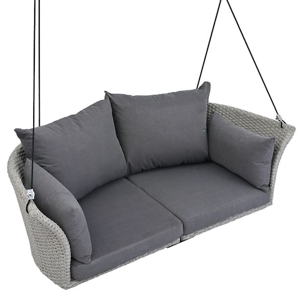 Oyezvary 2-Person Gray Wicker Hanging Porch Swing with Ropes, Gray Wicker and Gray Cushion