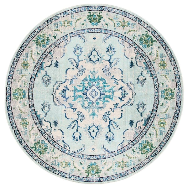 Monaco 5 ft. x 5 ft. Round Light Blue/Ivory Distressed Border Medallion Area Rug