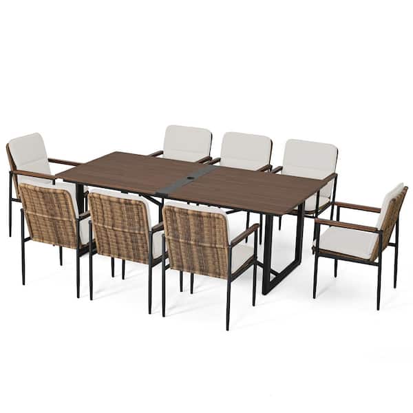 EGEIROSLIFE PureCane 9-Piece Aluminum Outdoor Dining Set with Wooden Table Top, Wicker Chairs and Gray Cushions
