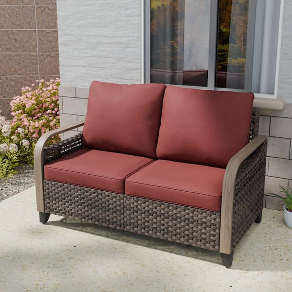 Brown 1-Piece Wicker Rattan Outdoor Patio Loveseat with Red Cushions