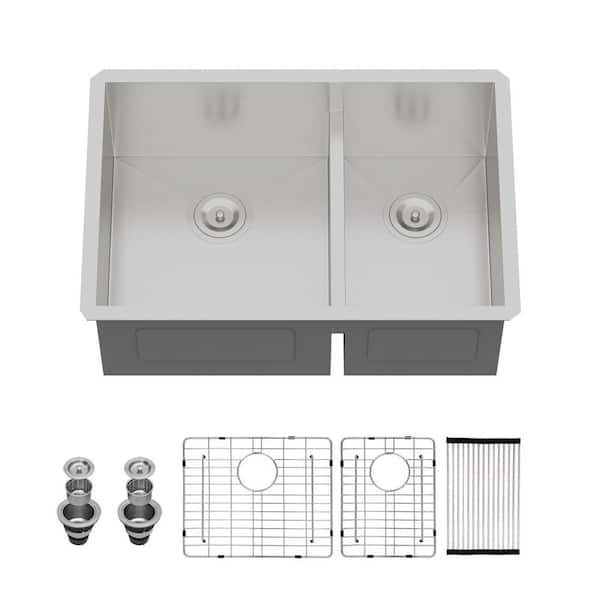Logmey 28 in. Undermount Double Bowl 16-Gauge Stainless Steel Kitchen Sink with Low Divide and Bottom Grid