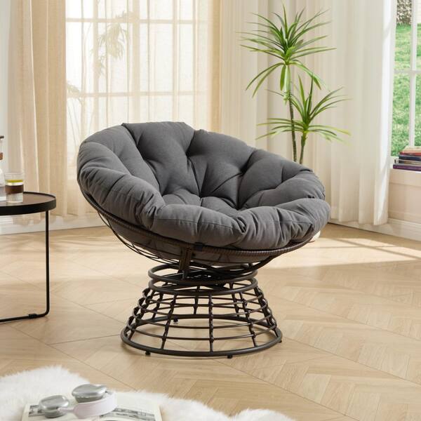 JPJPUU Outdoor Rattan 360° Swivel Chair with Soft Gray Thick