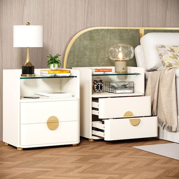 Fenley White 2 Drawers 19.7 in. W Storage Wood Nightstand Set of 2, Modern Nightstand with Open Shelf (2 Products)