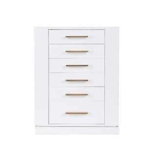 11.3 in. White Rectangle Wood Jewelry Box, Vertical 360° Rotating Leather Jewelry Organizer with 6-Drawers