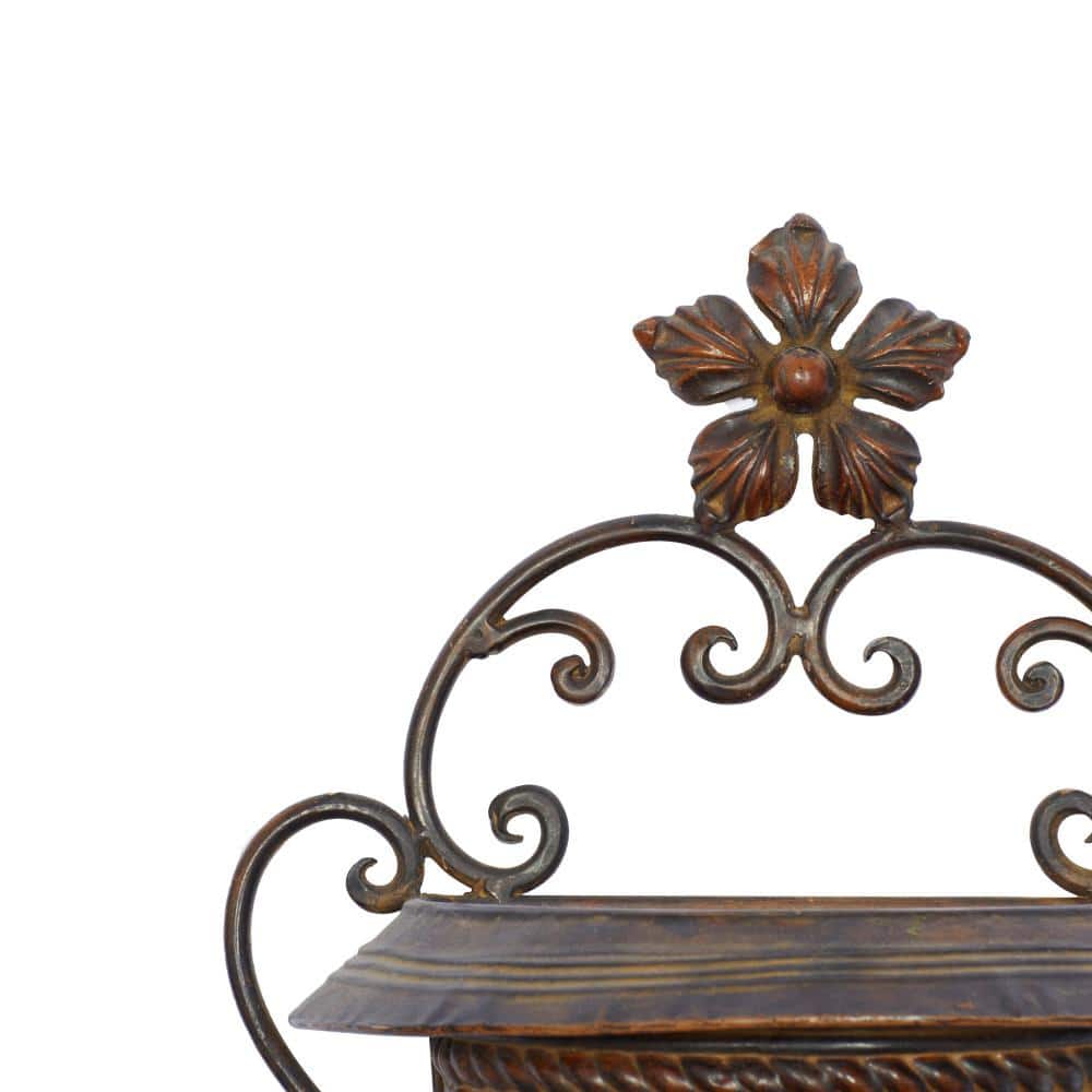18-Inch Bronze Iron Scroll Wall Planter with Floral Finial