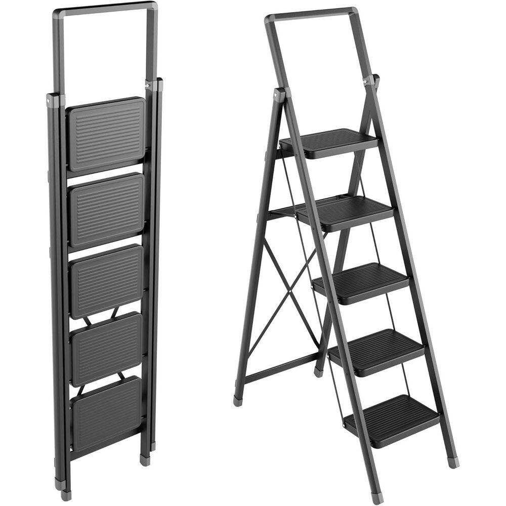 Reach 55.5 in. H 5-Step Folding Ladder Wide Anti-Slip Pedal Aloy Steel Construction Lightweight Portable Black Stool price history on PriceWatchPro